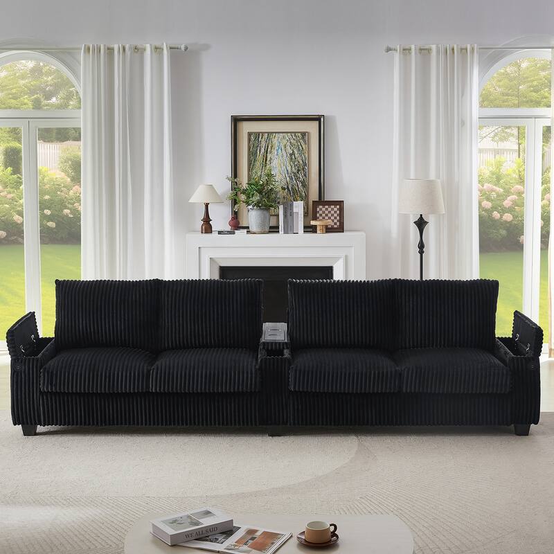 133-In Corduroy Sectional Sofa with USB Ports, Hidden Storage Arms, Flip-Top Cup Holders