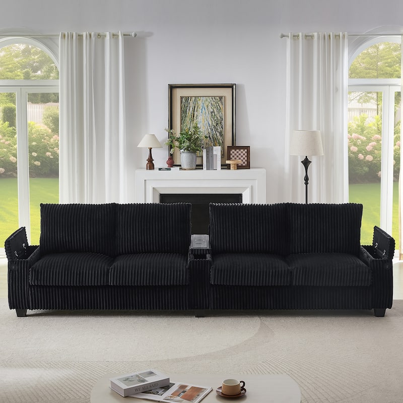 4-seater Corduroy Sofa with Storage, Cup Holders, USB Ports, 133" Length, Black