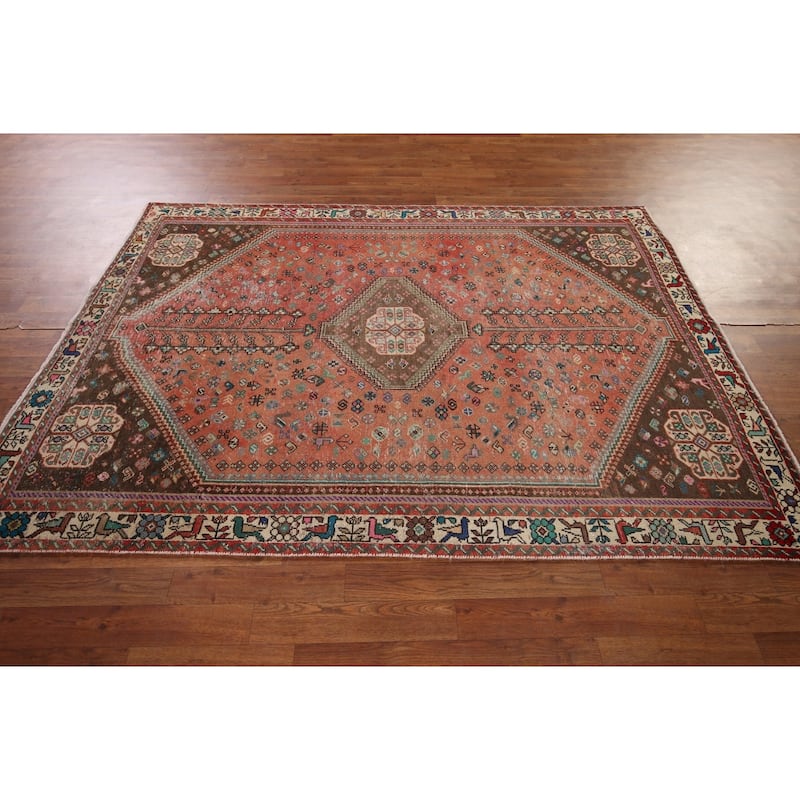 Tribal Geometric Shiraz Persian Vintage Rug Hand-Knotted Wool Carpet - 5'1" x 7'2"