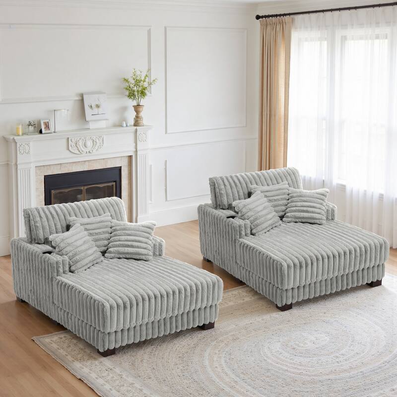 41.7" W Upholstered Plush Corduroy Chaise Lounge Set of 2 - Light Grey