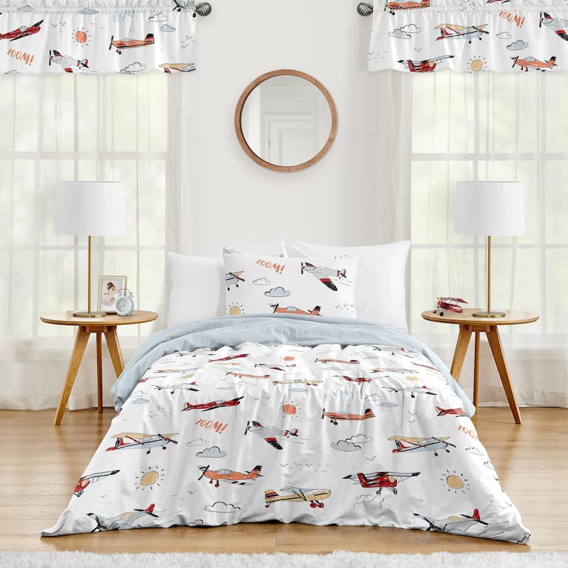 Vintage Airplane Boy 2pc Twin Comforter Set - Grey Yellow Orange Red White Blue Airplanes Air Plane Transportation Clouds Sky