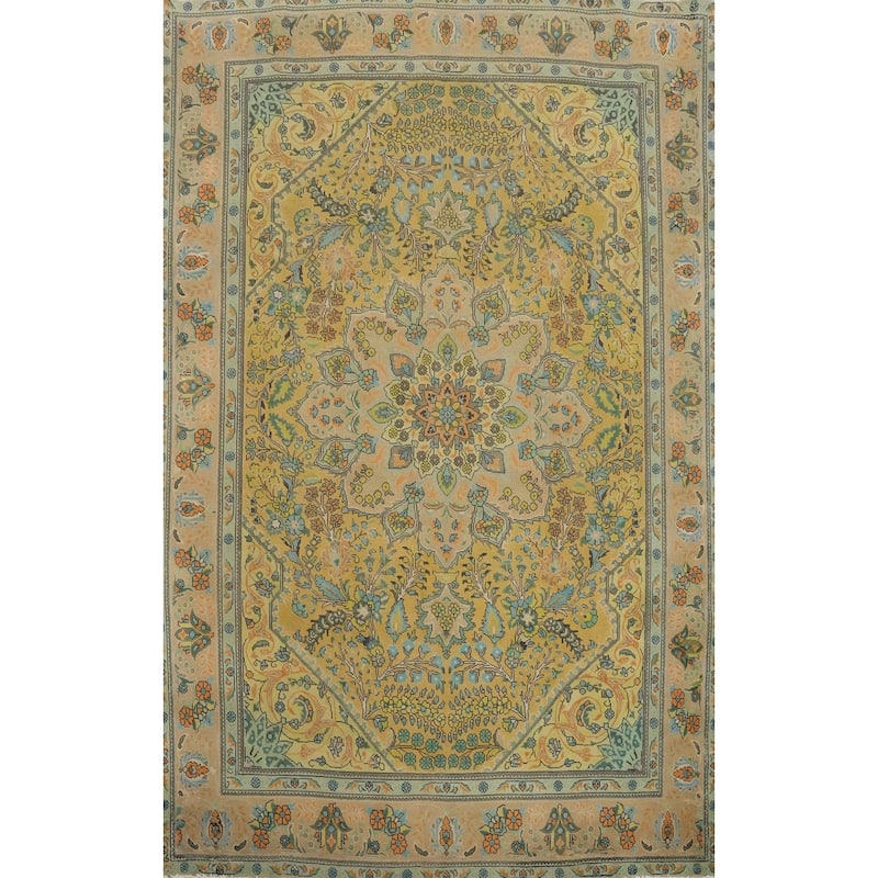 Hand Knotted Oriental 100% Wool Carpet Traditional Floral Yellow & Gold Tabriz Area Rug - 11' 0'' X 7' 11''
