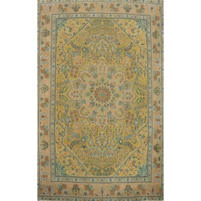 Hand Knotted Oriental 100% Wool Carpet Traditional Floral Yellow & Gold Tabriz Area Rug - 11' 0'' X 7' 11''