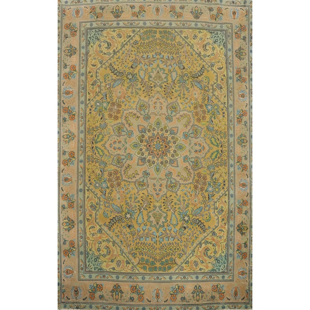 Hand Knotted Oriental 100% Wool Carpet Traditional Floral Yellow & Gold Tabriz Area Rug - 11' 0'' X 7' 11''