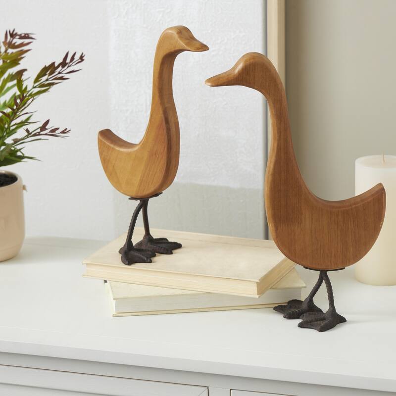 Wood Duck Abstract Minimalistic Decorative Garden Sculpture with Black Metal Feet - Set of 2 Brown - Roche River Decor