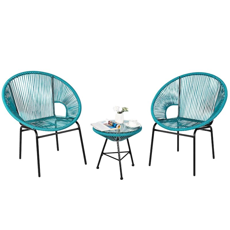 3-Piece Outdoor Acapulco Chair Set Wicker Conversation Bistro Sets - Turquoise
