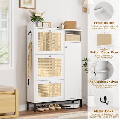 Rattan Shoe Storage Cabinet with 3 Flip Drawers - 3 Flip Drawers