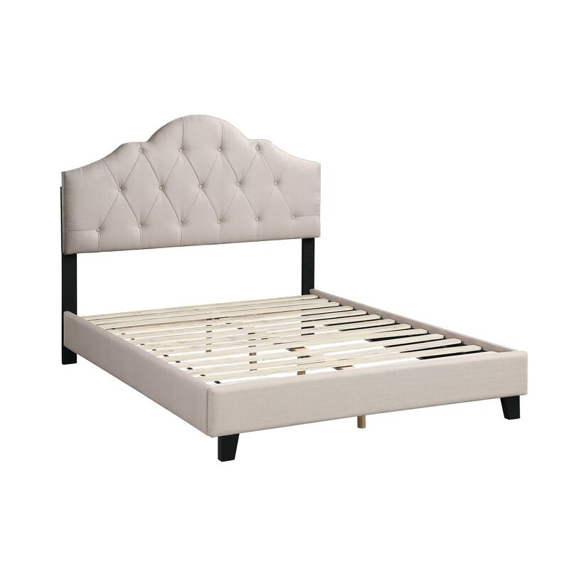 Full Size Polyfiber Upholstered Platform Bed with Adjustable Arch Headboard and Button Tufting - Light Brown