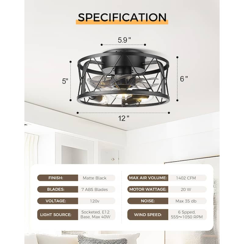 12 Inch Farmhouse Caged Ceiling Fan with Remote Control - 12 Inches