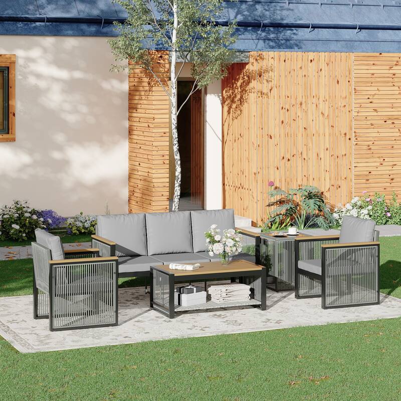 EROMMY Outdoor Patio Furniture Sets - 5/6/7 Piece All-Weather Conversation Sets withTable & Ottoman, Sectional Sofa & Chairs. - 5 PCS - 3-Seater & 2 Chairs & Table - Grey