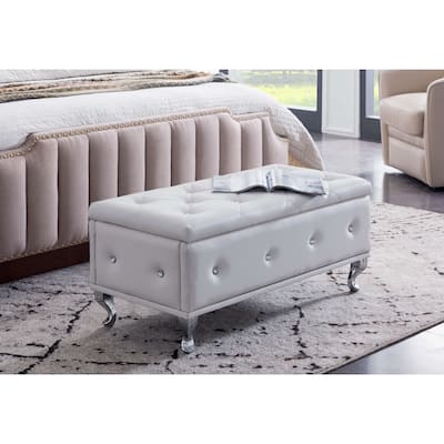 Tufted Design White Upholstered Storage Bench Ottoman