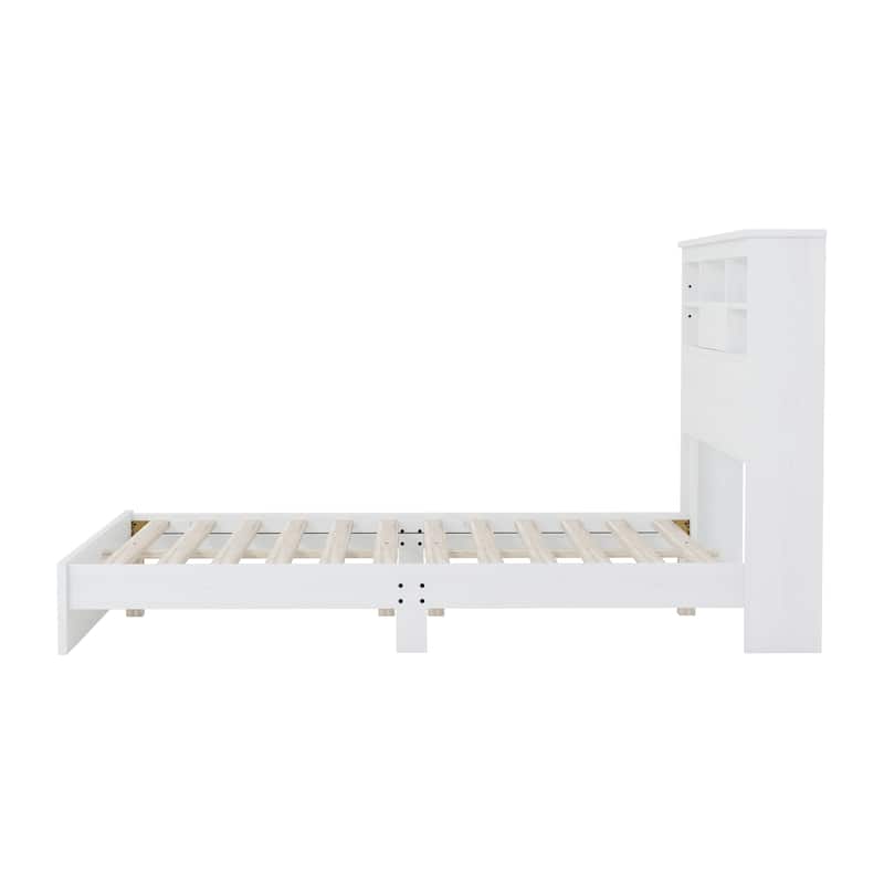 Queen Size MDF Platform Bed with USB Charging Stations And Compartment Headboard