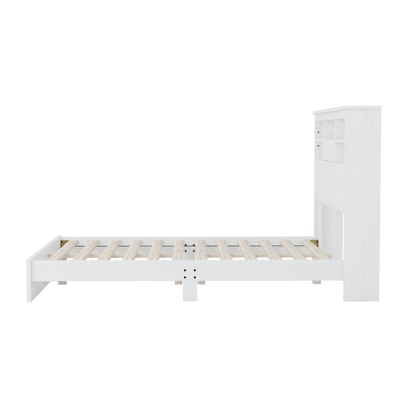 White Queen Platform Bed with Rustic Wood-Inspired Headboard, Built-In Storage Shelves & Charging Ports, Sturdy Frame
