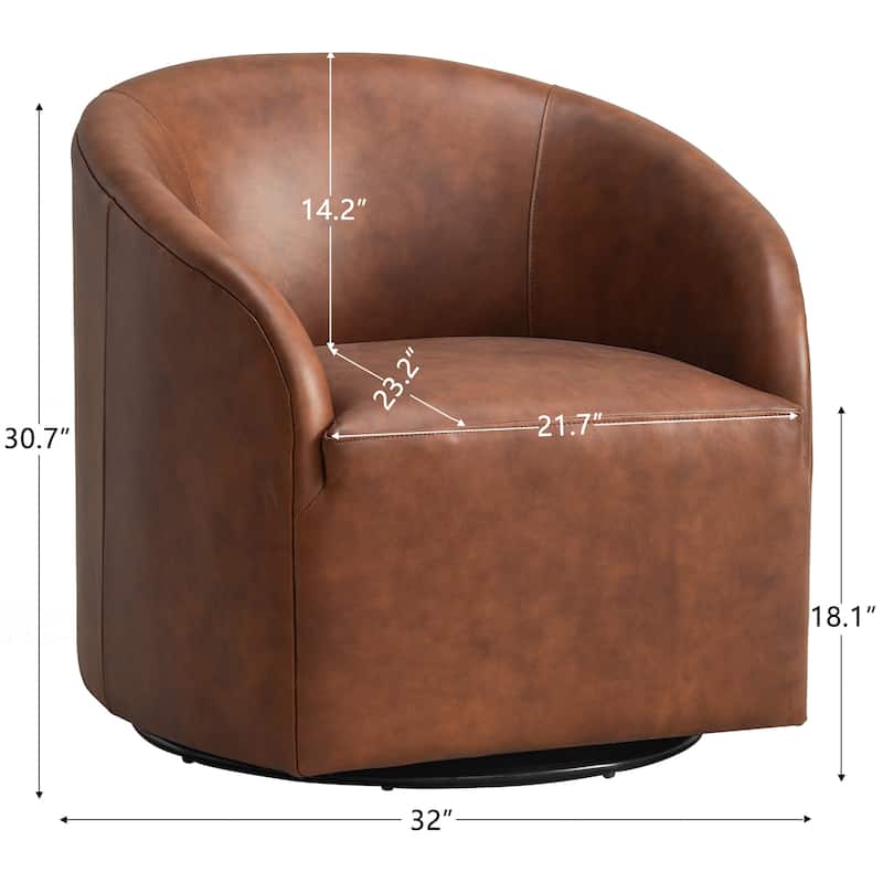 KINWELL 32"W Top Grain Genuine Leather Swivel Barrel Armchair