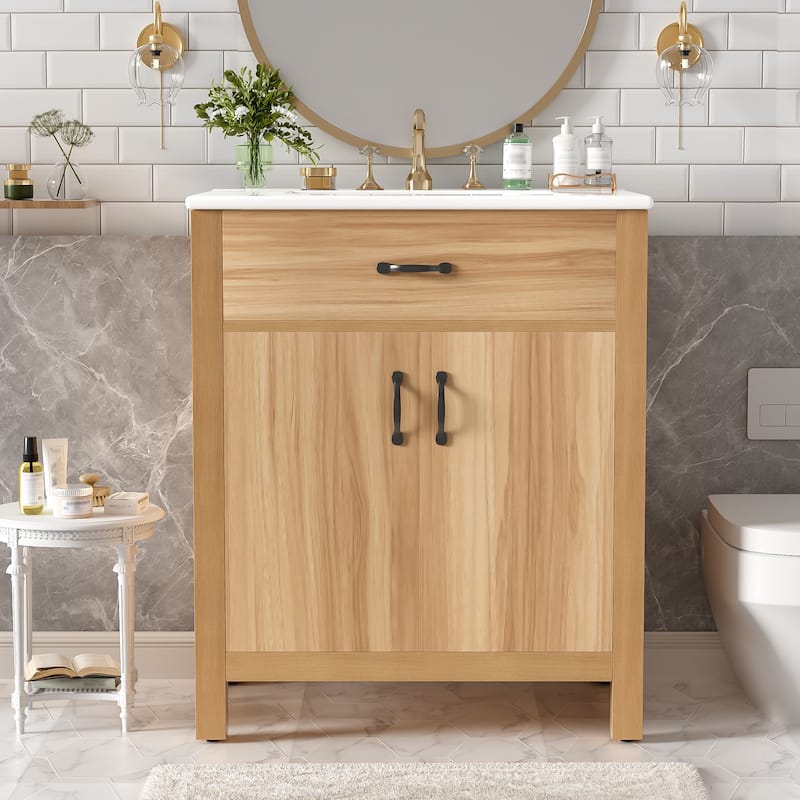 Modern Natural Wood Bathroom Vanity with Ceramic Sink by Harper&Bright Designs