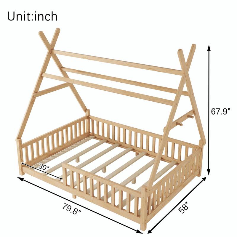 House Bed with Light, Low Floor House Bed with Fence and Roof