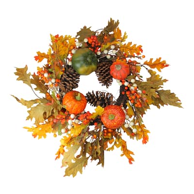 Fallen Leaves Pine Cones Pumpkins Artificial Wreath Orange 24"