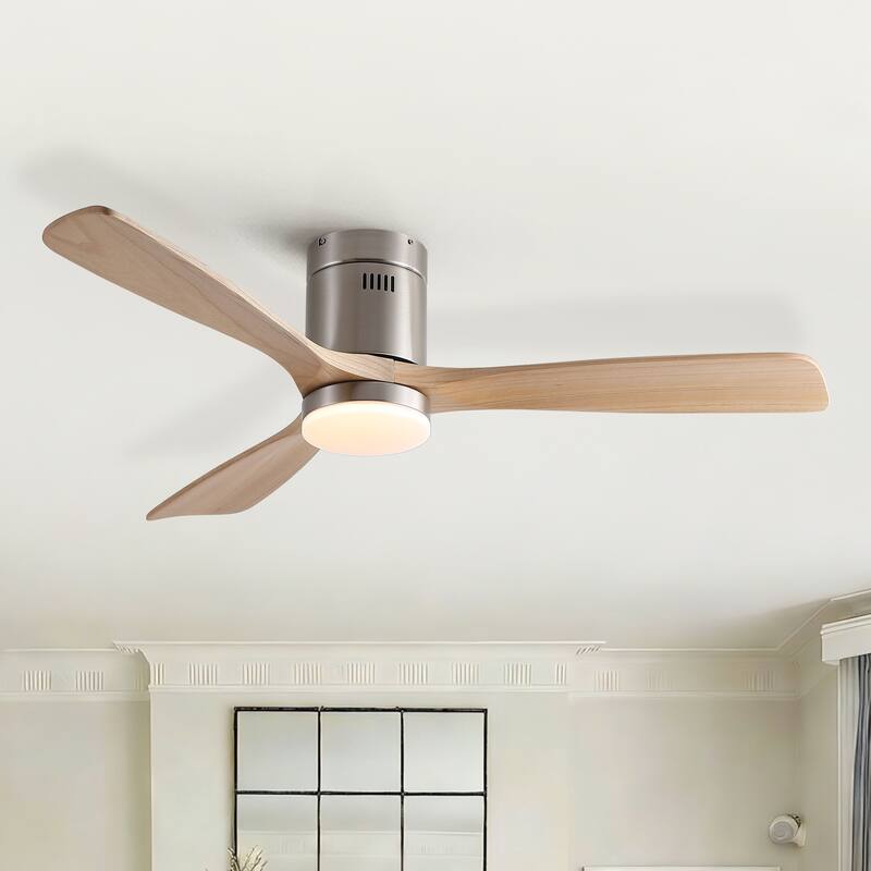 52 inch Mordern Cozy Natural Style Solid Wood Low Profile Flush Mount Intergrated LED Ceiling Fan with Light - Brushed Nickel