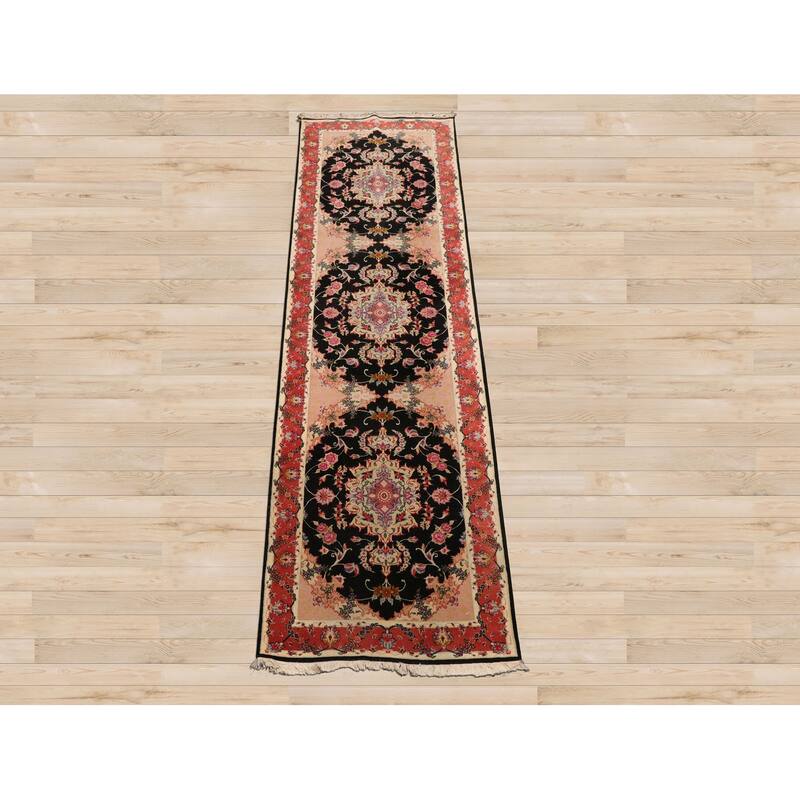 2'8''x9'7'' Runner Hand Knotted Wool Black Traditional 400 KPSI Rug - 2' 8'' x 9' 7''