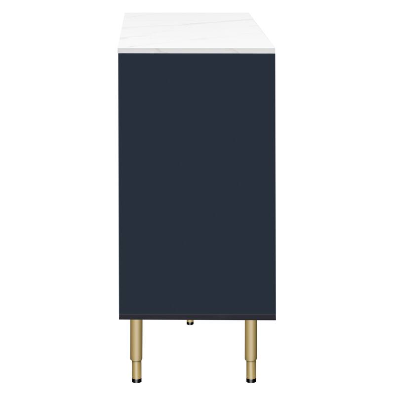 Anmytek Navy Blue Modern Sideboard Buffet Cabinet with Marble Tabletop, Amber Glass Doors and Gold Legs for Living Room