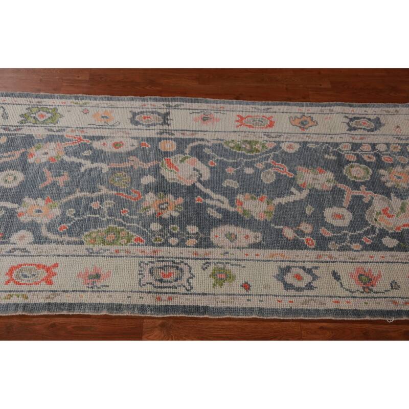 Hand Knotted Oriental 100% Wool Carpet Transitional Floral Navy Blue & Blues Oushak Runner Rug - 8' 10'' X 3' 0''