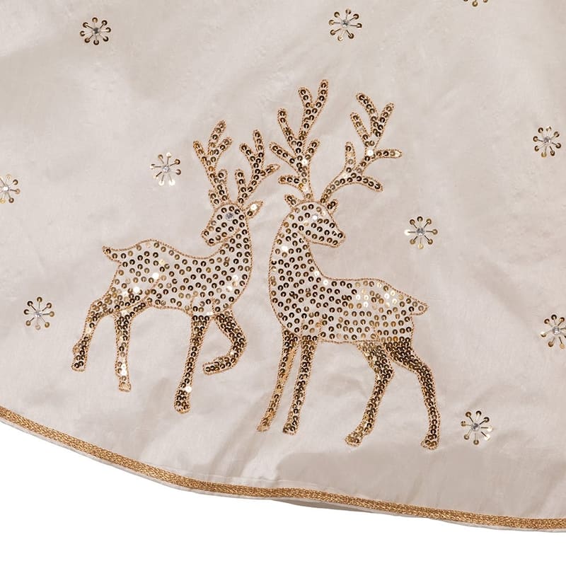 Kurt Adler 72-Inch White Tree Skirt with Gold Glitter Tree and Reindeer Design - Multi