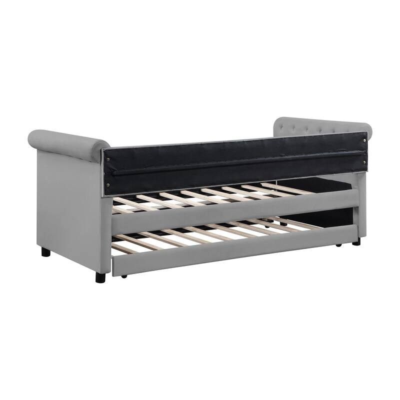 Grey Twin Upholstered Tufted Velvet Daybed with Trundle & Round Armrests