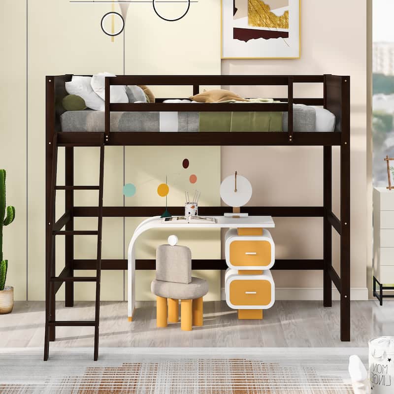 Solid Wood Twin Loft Bed with Ladder, 14 Slats, Space-Saving Design - Espresso