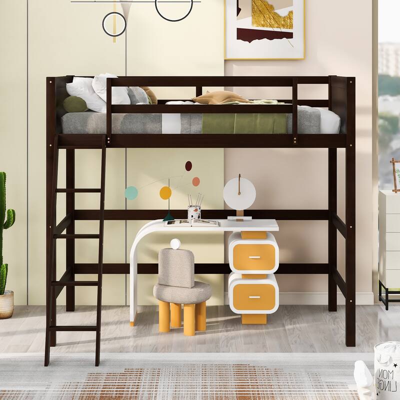 Twin Loft Bed for Kids, Solid Wood Frame with Ladder, Safe Guard Rails, Ideal Space-Saving Solution, Espresso/White Finish