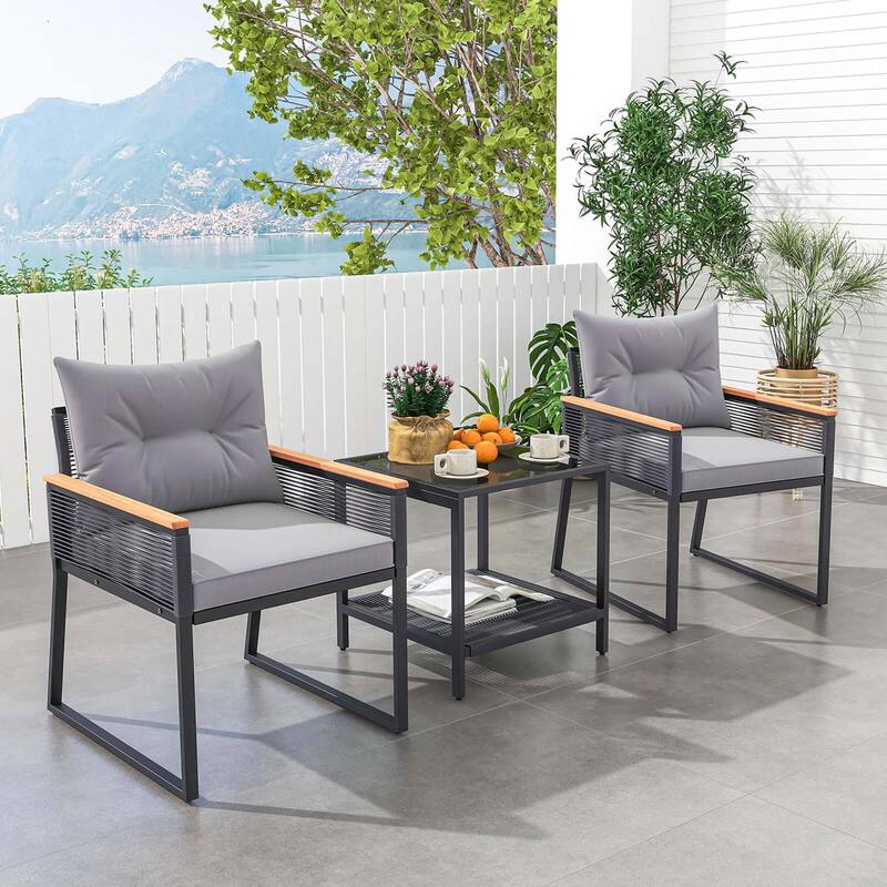 3-Pc PE Rattan Patio Set w/ Coffee Table & Cushions Outdoor Use