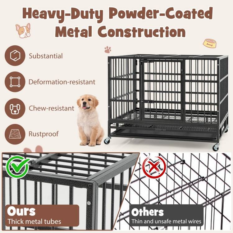 Foldable Heavy-Duty Metal Dog Cage with Lockable Rolling Casters and Tray