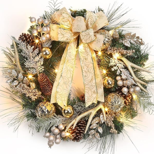 24 Inch Christmas Wreath with Lights for Front Door with Antlers Gold ...