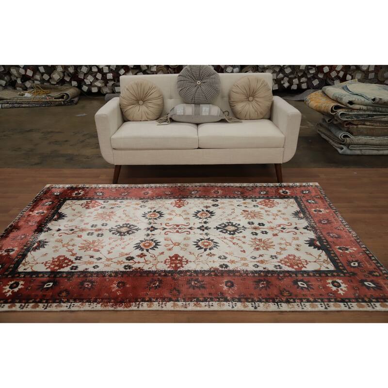 Hand Knotted Oriental Viscose Silk Carpet Transitional All-Over Beige & Ivories Oushak Area Rug - 7' 8'' X 5' 0''