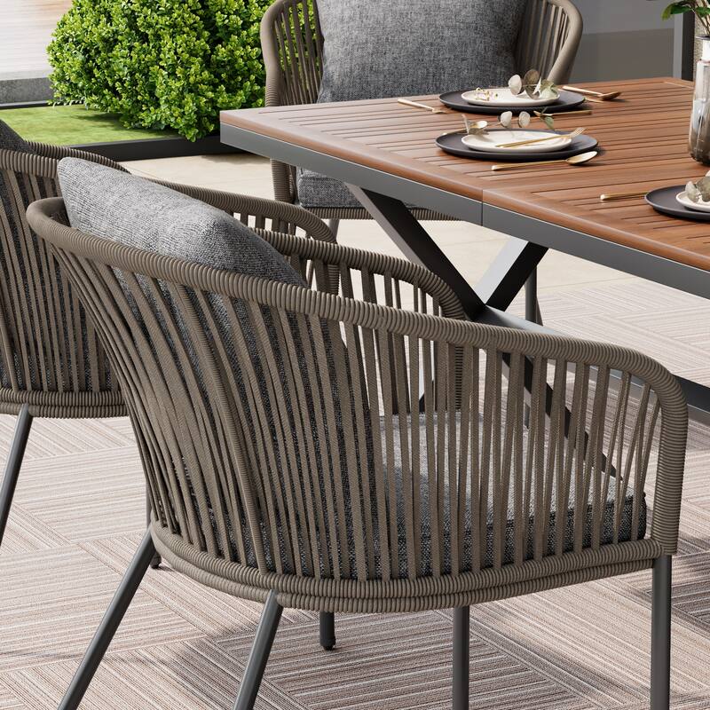 7 Pieces Patio Dining Set All-Weather Outdoor Furniture Set with Wood Tabletop and Adjustable Feet