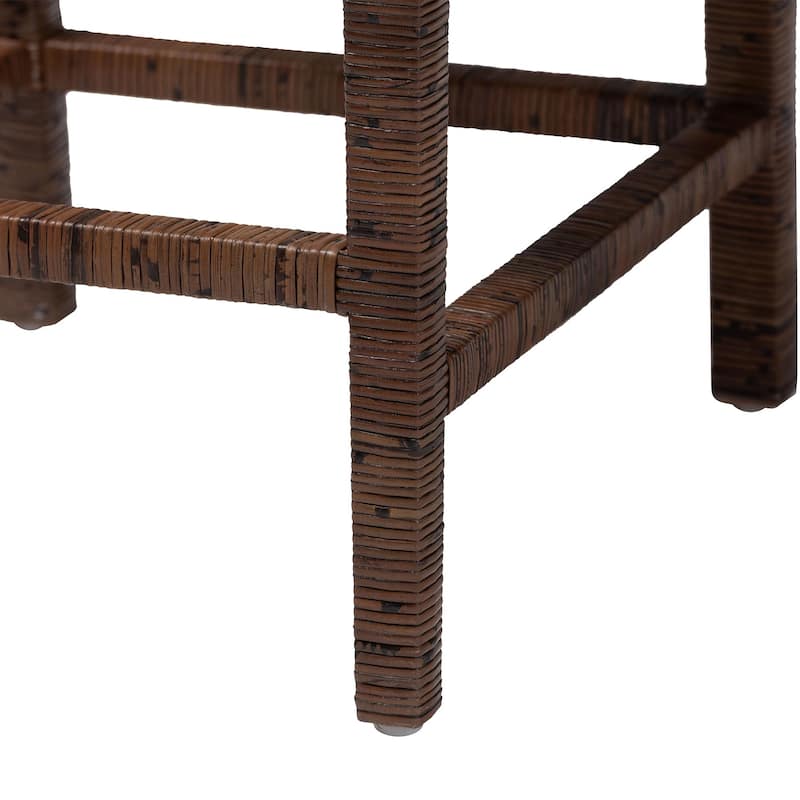 Sofia Rattan Counter Stool with Mahogany Wood Frame - Handwoven Wicker Counter Height Chair with Cushion, Coastal Boho Seating