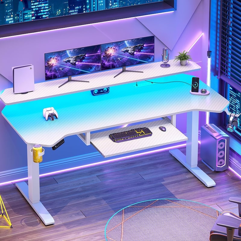 55" Standing Gaming Desk Long Computer Desk Power Strip Keyboard Tray - White