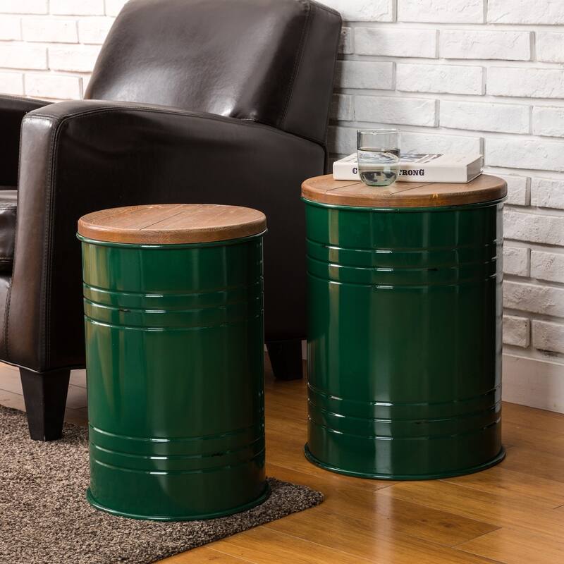 Glitzhome Industrial Farmhouse Round Storage Side Tables (Set of 2) - Hunter Green