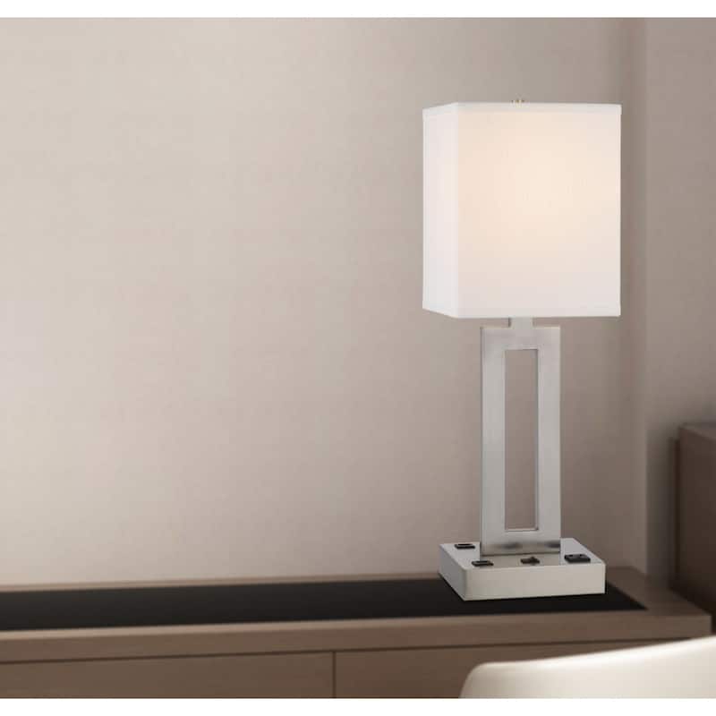 24-Inch Nickel Metal USB Desk Lamp with White Drum Fabric Shade - 8" x 8" x 24"