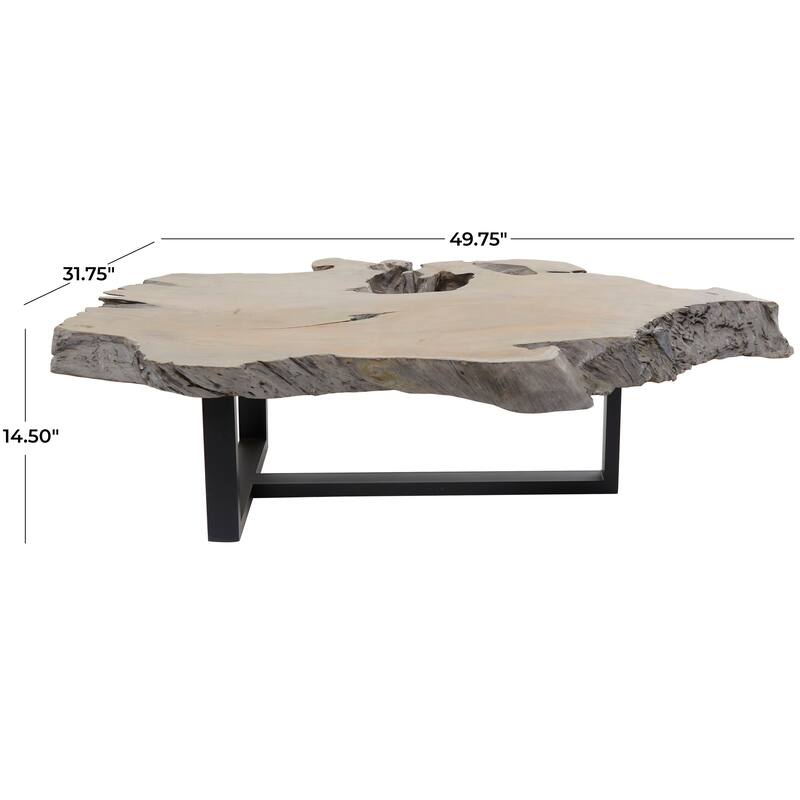 Teak Wood Handmade Live Edge Wood Slab Coffee Table with Black T Stand Base - Gray - Roche River Decor - 32"Wx50"Lx15"H