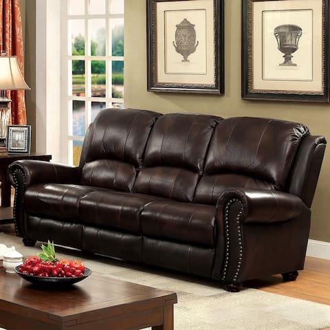 Furniture of America Drow Traditional Brown Leather Nailhead Sofa