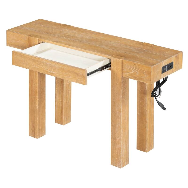 47.25 Inches Wooden Rustic Minimalist Console Table, with Hidden Drawer and Side Power Outlet