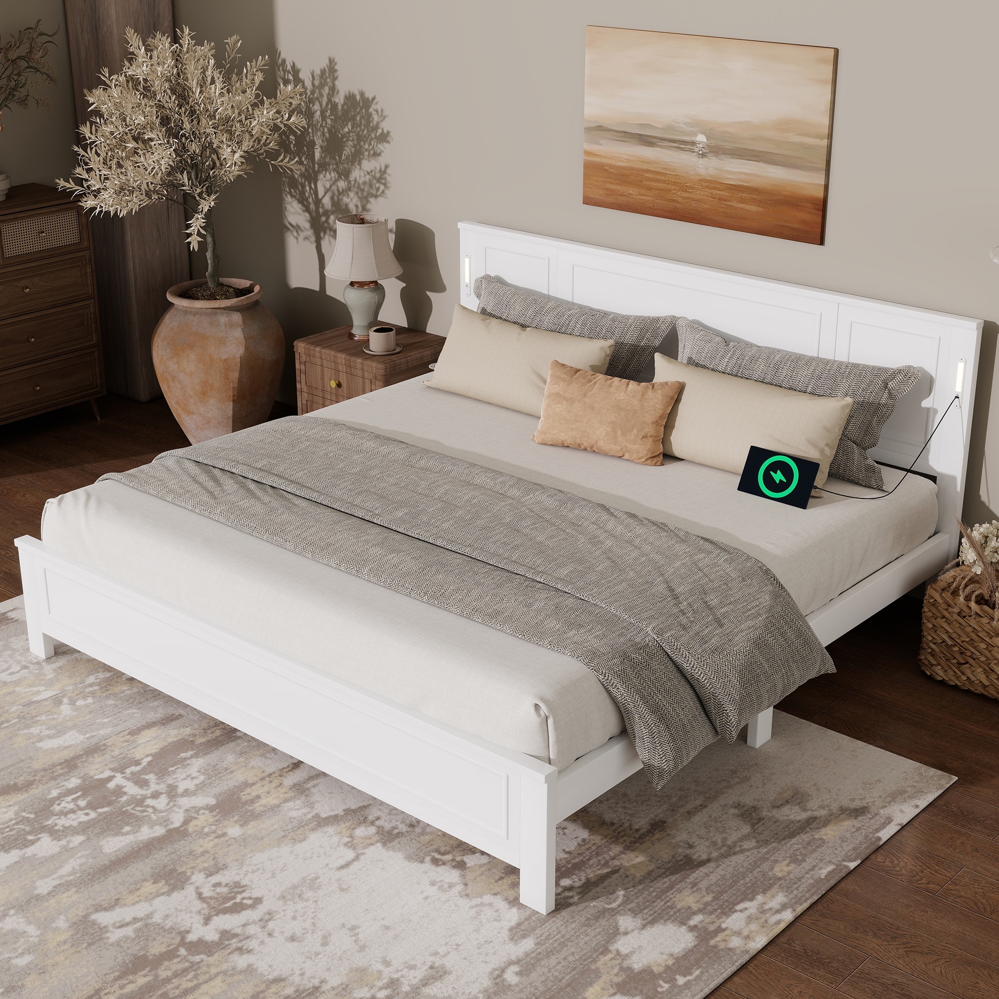 White King Size Platform Bed Frame with Headboard & Footboard