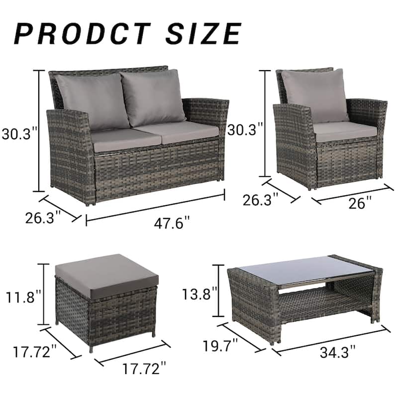 6 PCS Wicker Patio Furniture Sets with Ottoman & Tempered Glass Table - N/A - Dark Gray