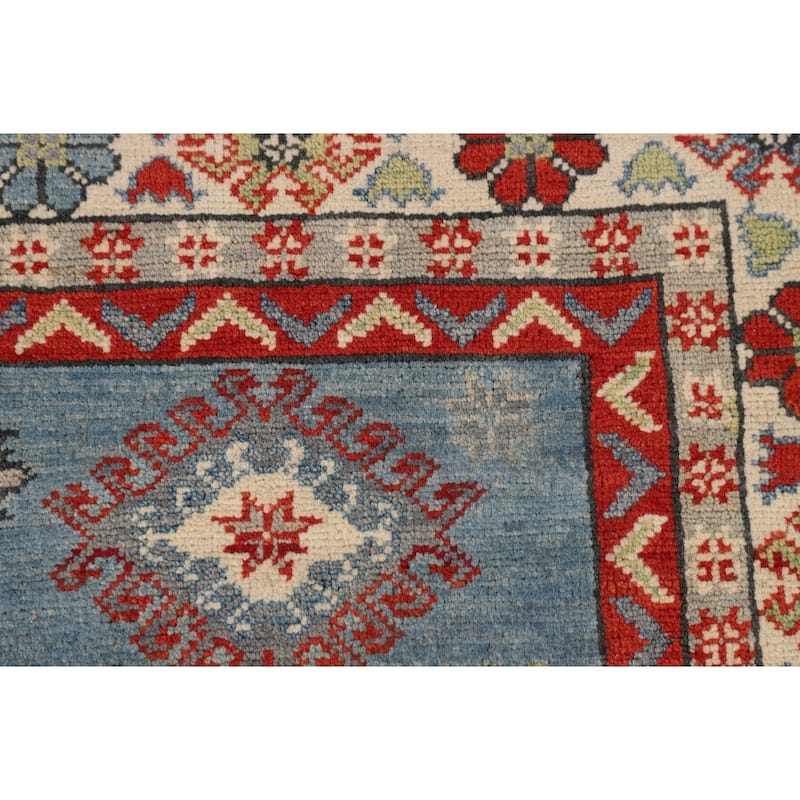 Blue Geometric Kazak Oriental Area Rug Handmade Floral Wool Carpet - 5'2" x 6'3"