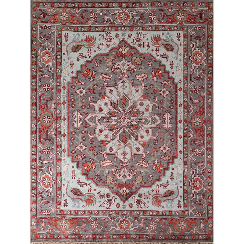 Animal Pictorial Heriz Serapi Oriental Area Rug Handmade Wool Carpet - 7'10" x 9'8"