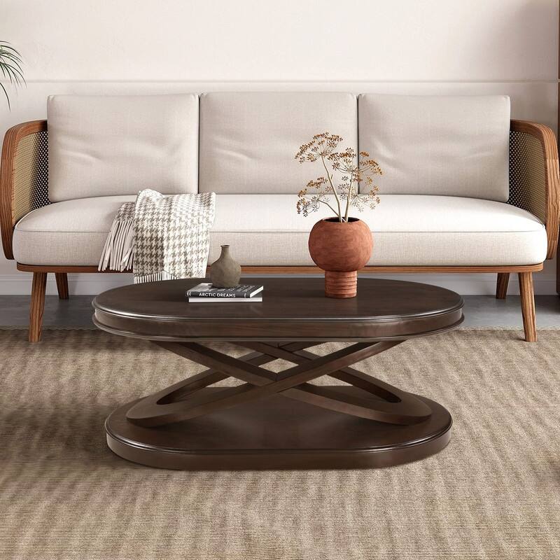 Solid Wood Oval Coffee Table with X-Shaped Base for Living Room Use