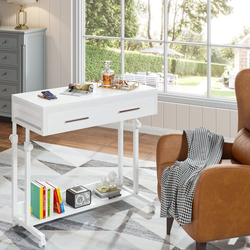 Adjustable C Table Portable Desk with Drawers and Wheels, Mobile Couch Desk