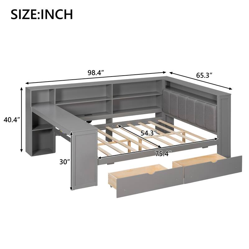 Wood Platform Bed with Integrated Desk, Storage Shelves, USB Charging Station, LED Headboard