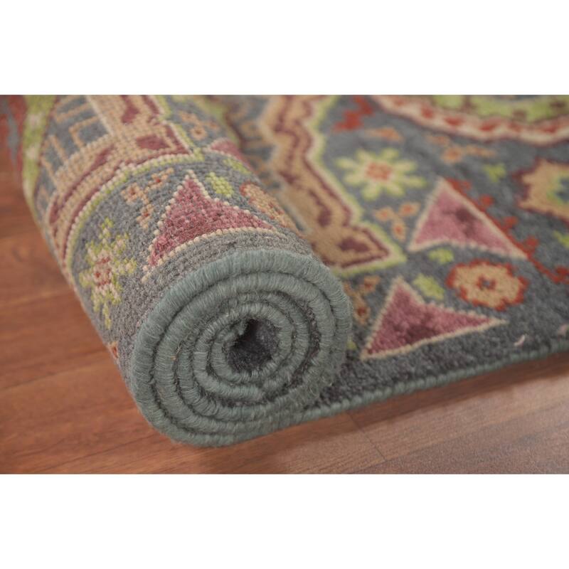 Geometric Grey Kazak Runner Rug Hand-Knotted Wool Carpet - 2'6"x 7'9"