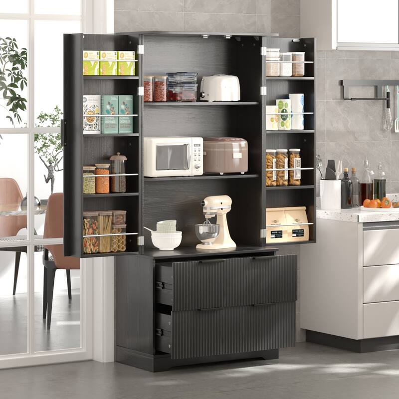 Pantry Cabinet with 2 Large Drawers and 8-Door Spice Rack